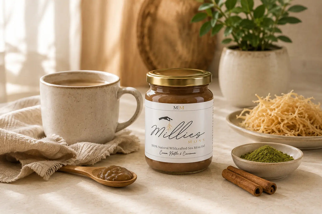 Woman stirring a smoothie beside Millie’s Moss Cocoa, Matcha and Cinnamon sea moss gel with oats, matcha and raw sea moss.