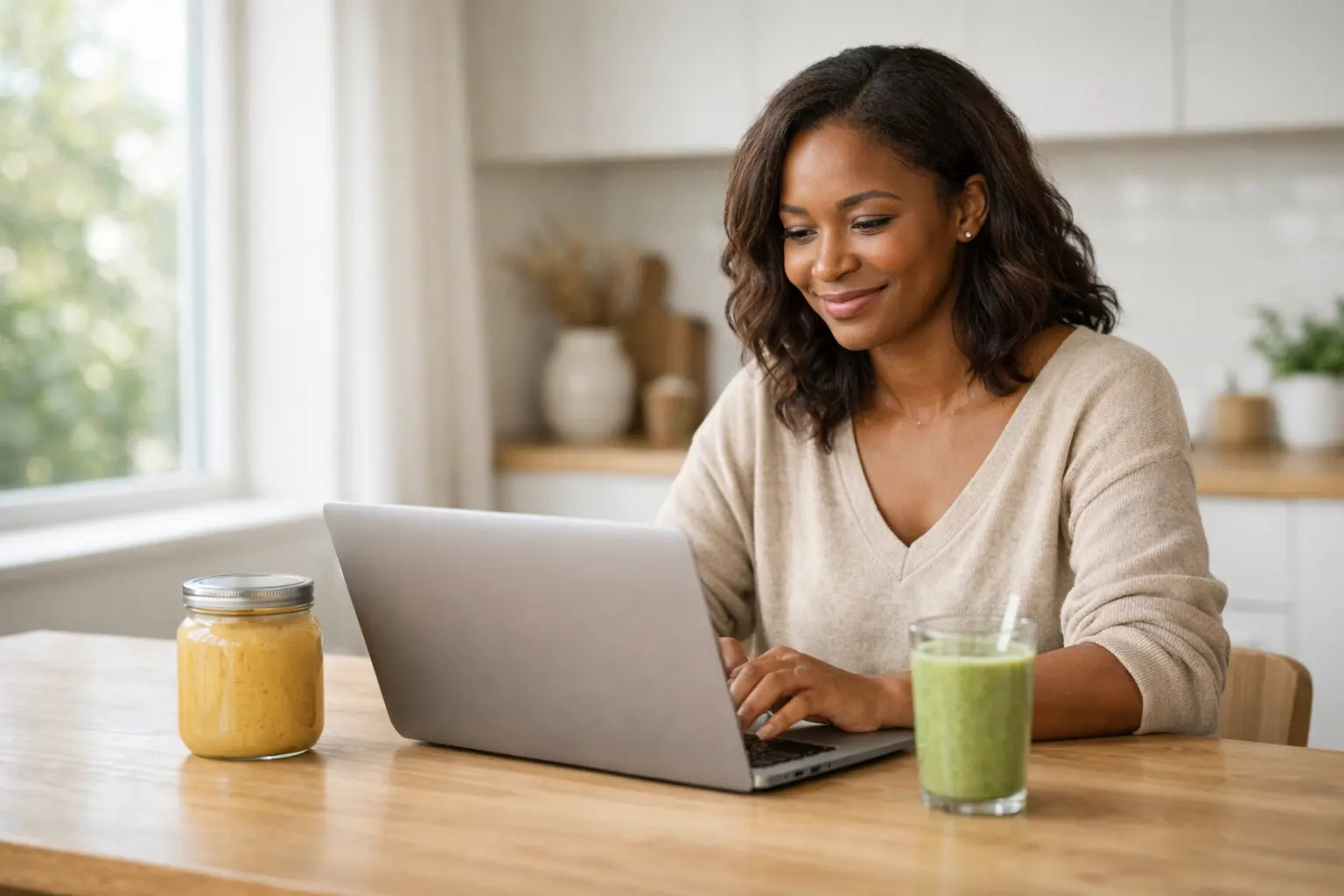 Woman responding to messages on a laptop with sea moss gel and smoothie on the table
