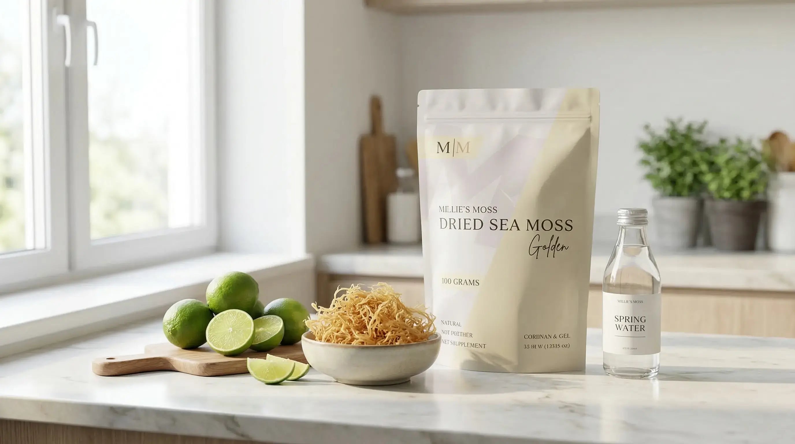 Millies Moss dried golden sea moss with fresh limes and water used for preparing sea moss gel