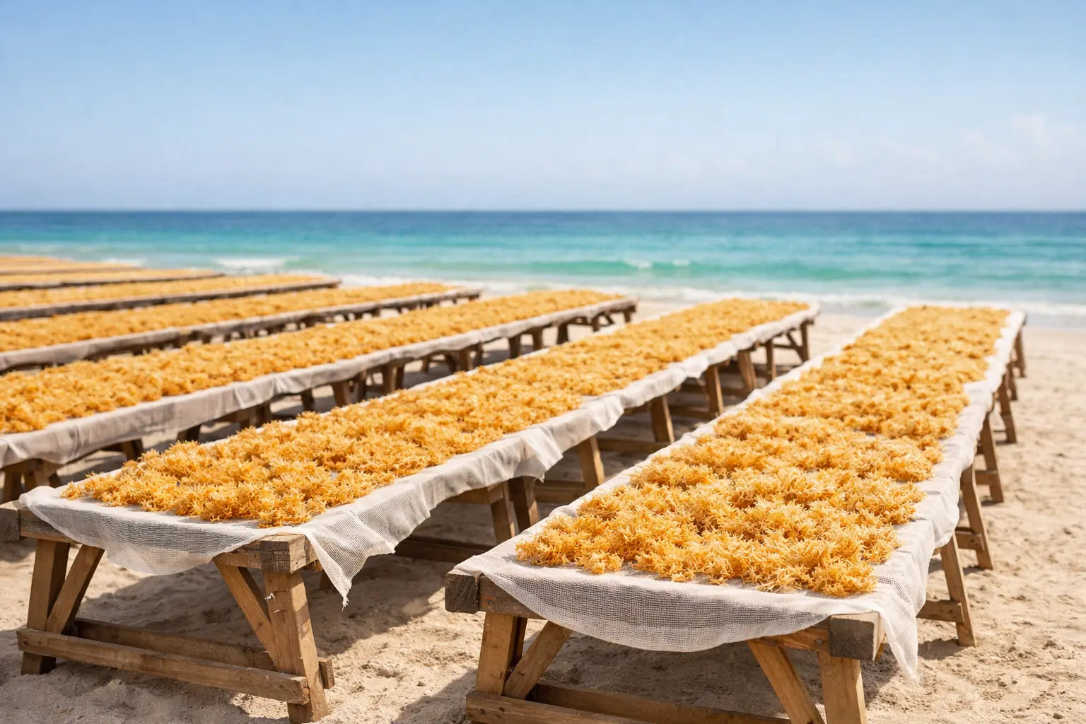 Golden sea moss drying naturally on racks by the ocean
