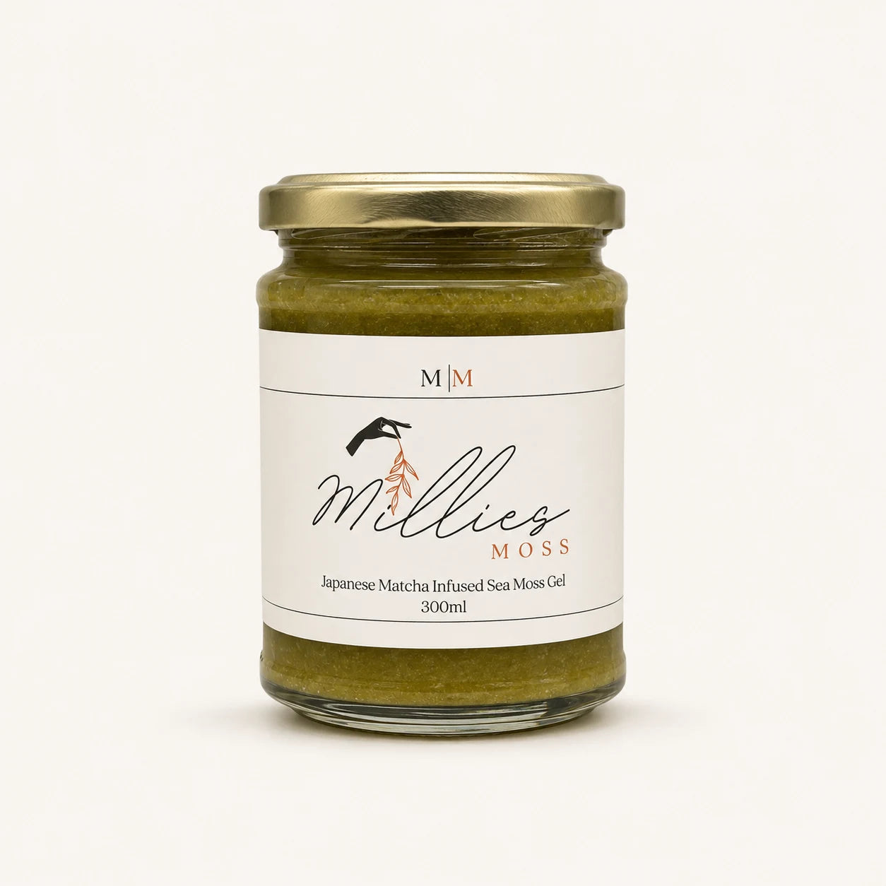 Millie’s Moss Japanese Matcha Infused Sea Moss Gel 300ml jar on a warm off-white background.