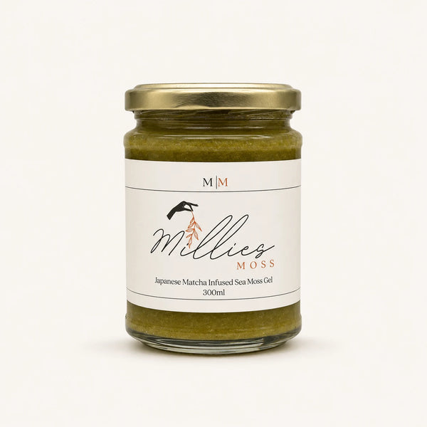 Millie’s Moss Japanese Matcha Infused Sea Moss Gel 300ml jar on a warm off-white background.