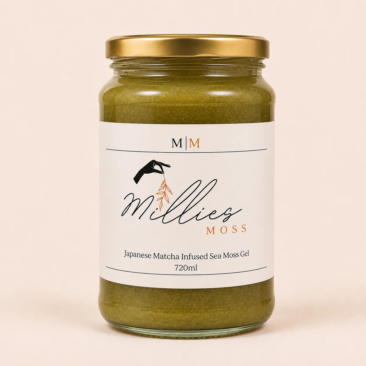 Millie’s Moss Japanese Matcha Infused Sea Moss Gel 720ml jar on a warm off-white background.
