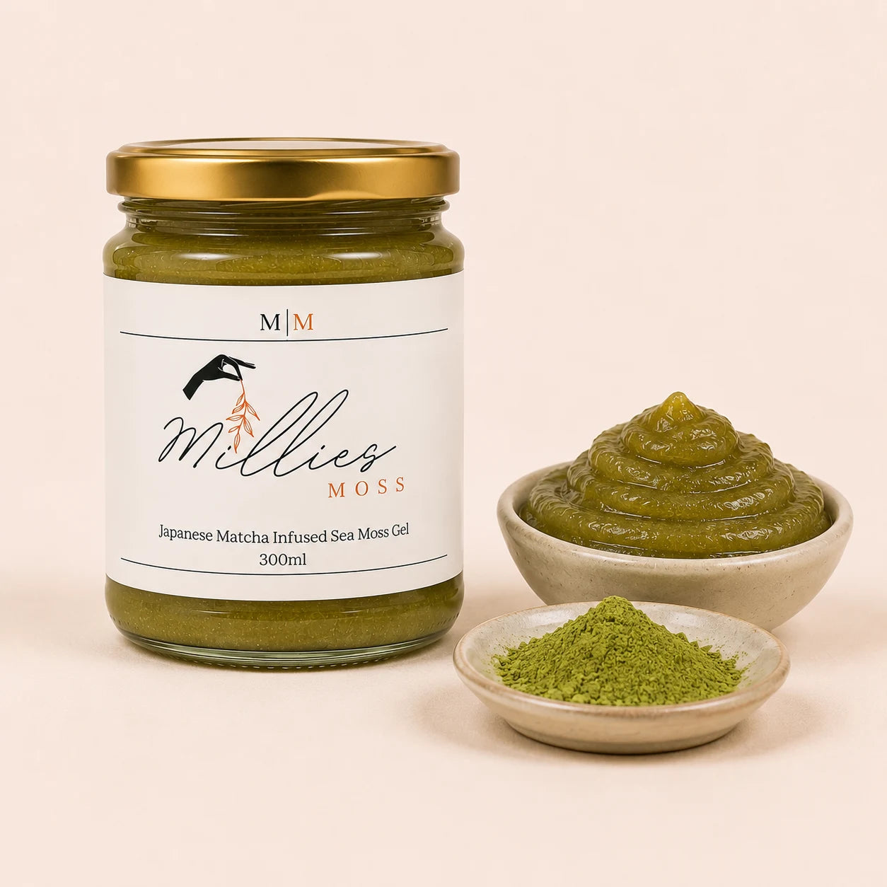 Close-up of Millie’s Moss Japanese Matcha Infused Sea Moss Gel showing its smooth texture with Japanese matcha powder.