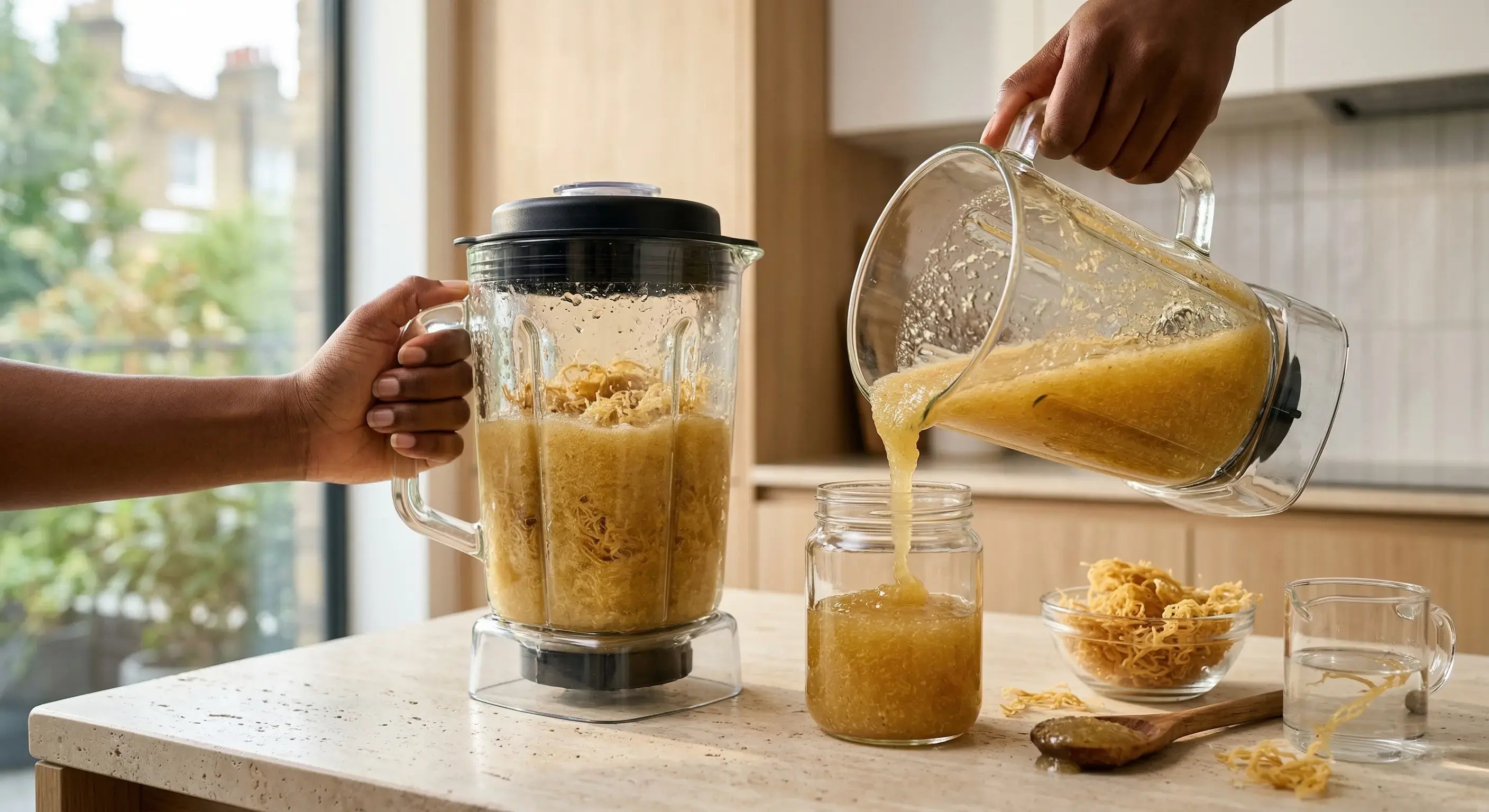 Blending raw sea moss to make sea moss gel in a kitchen