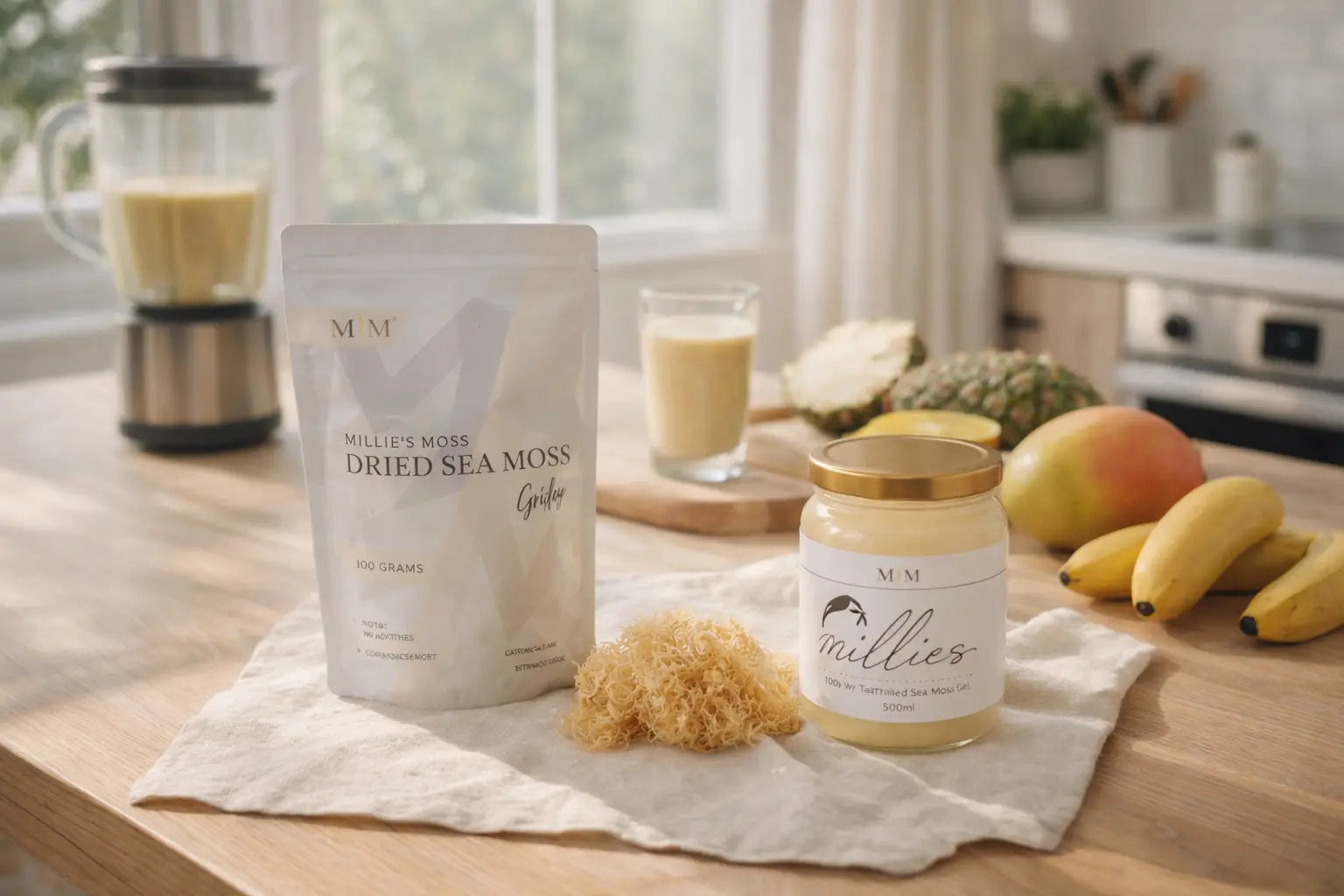 Millies Moss sea moss gel jar with dried sea moss and smoothie ingredients in a kitchen