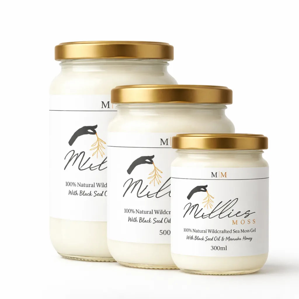 Millies Moss natural wildcrafted sea moss gel jars in multiple sizes