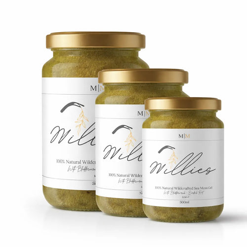 Three Millie’s Moss sea moss gel jars in different sizes with gold lids on a white background.