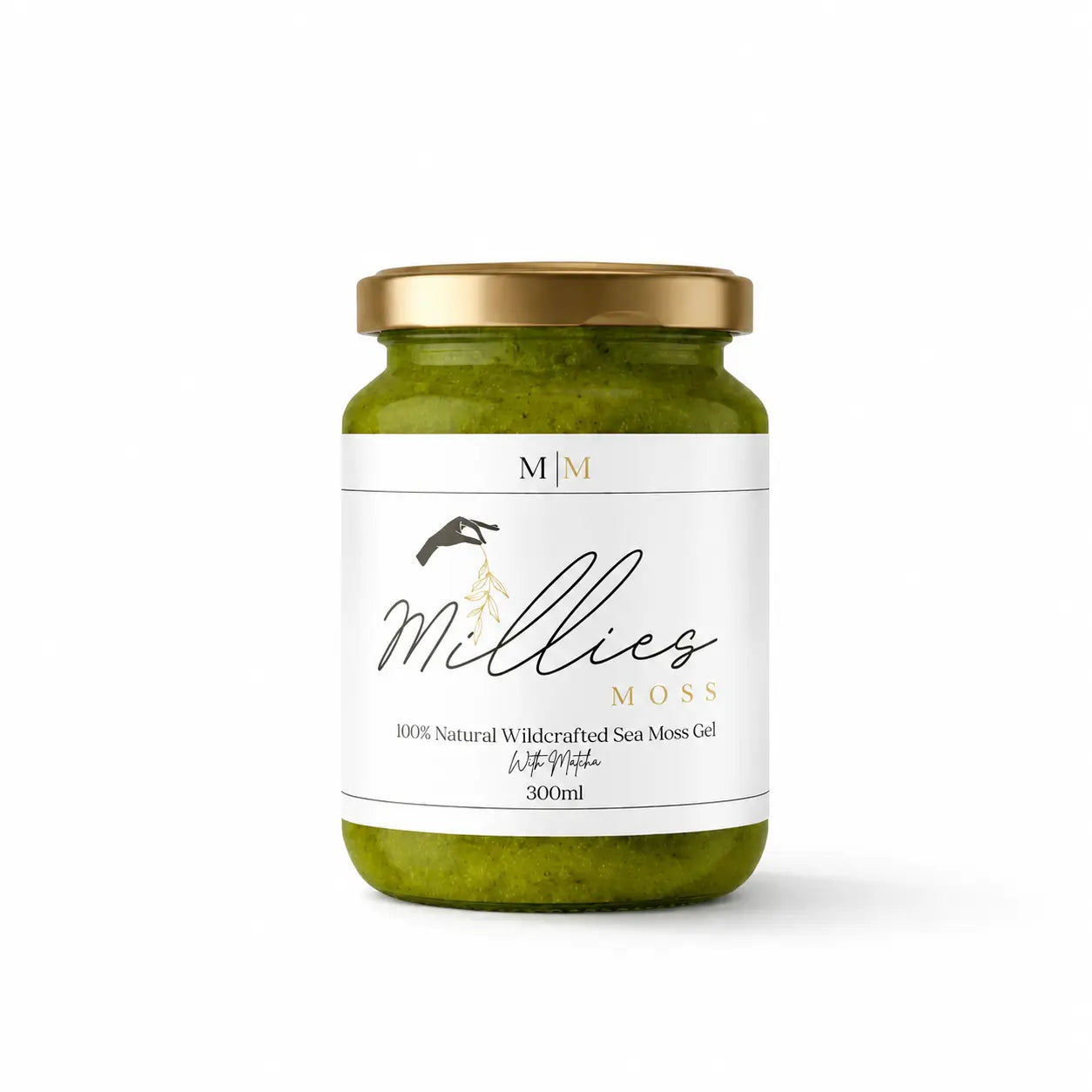 Millie’s Moss matcha sea moss gel 300ml jar on a clean white background.