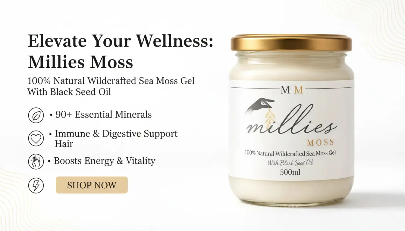 Millies Moss sea moss gel product image highlighting essential minerals immune support digestive health and energy benefits