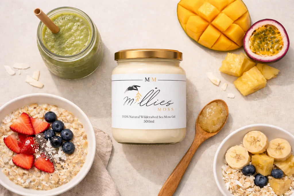Jar of sea moss gel surrounded by healthy foods including smoothie, oats and fruit bowls