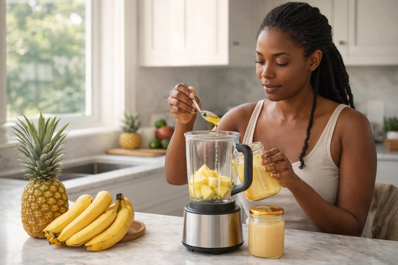 Woman adding sea moss gel to a blender with fruit to make a smoothie