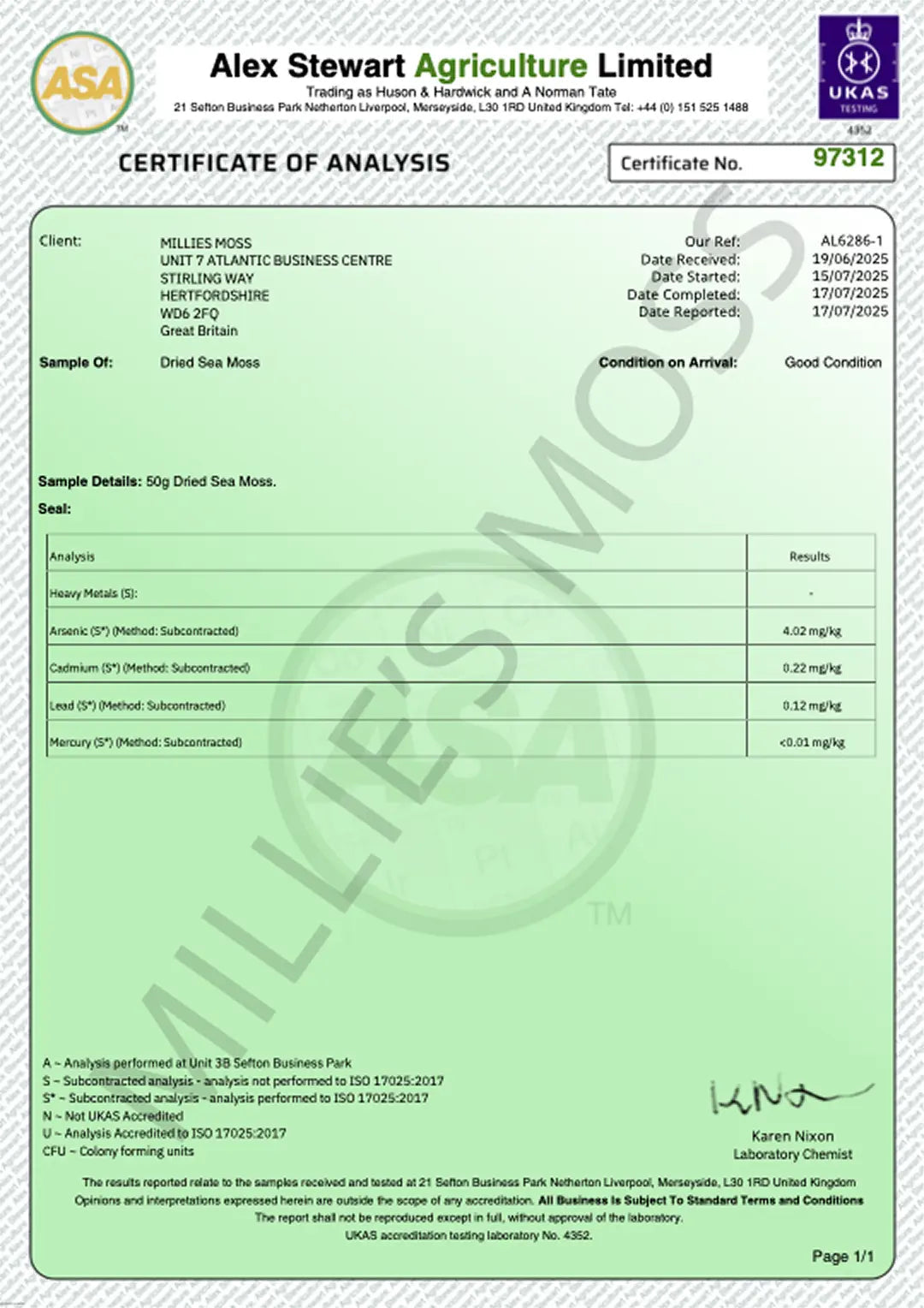Independent laboratory certificate of analysis showing heavy metal testing for Millie's Moss sea moss