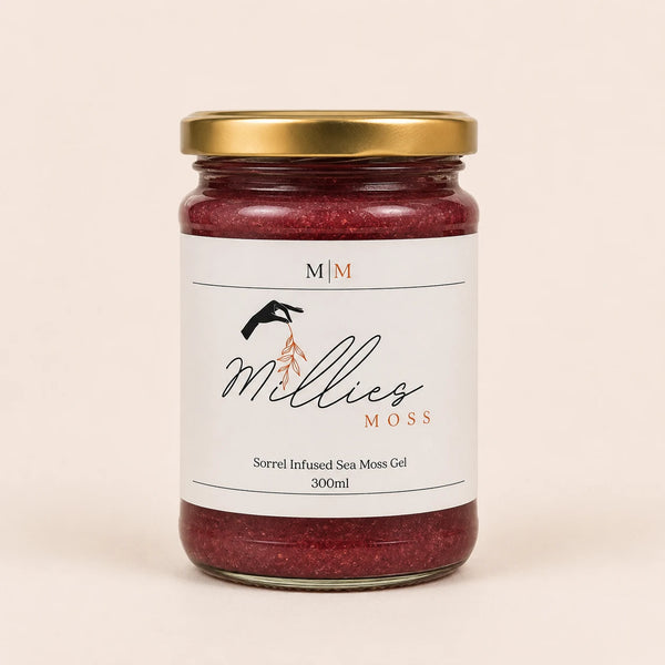 Millie’s Moss Sorrel Infused Sea Moss Gel 300ml jar on a warm off-white background.