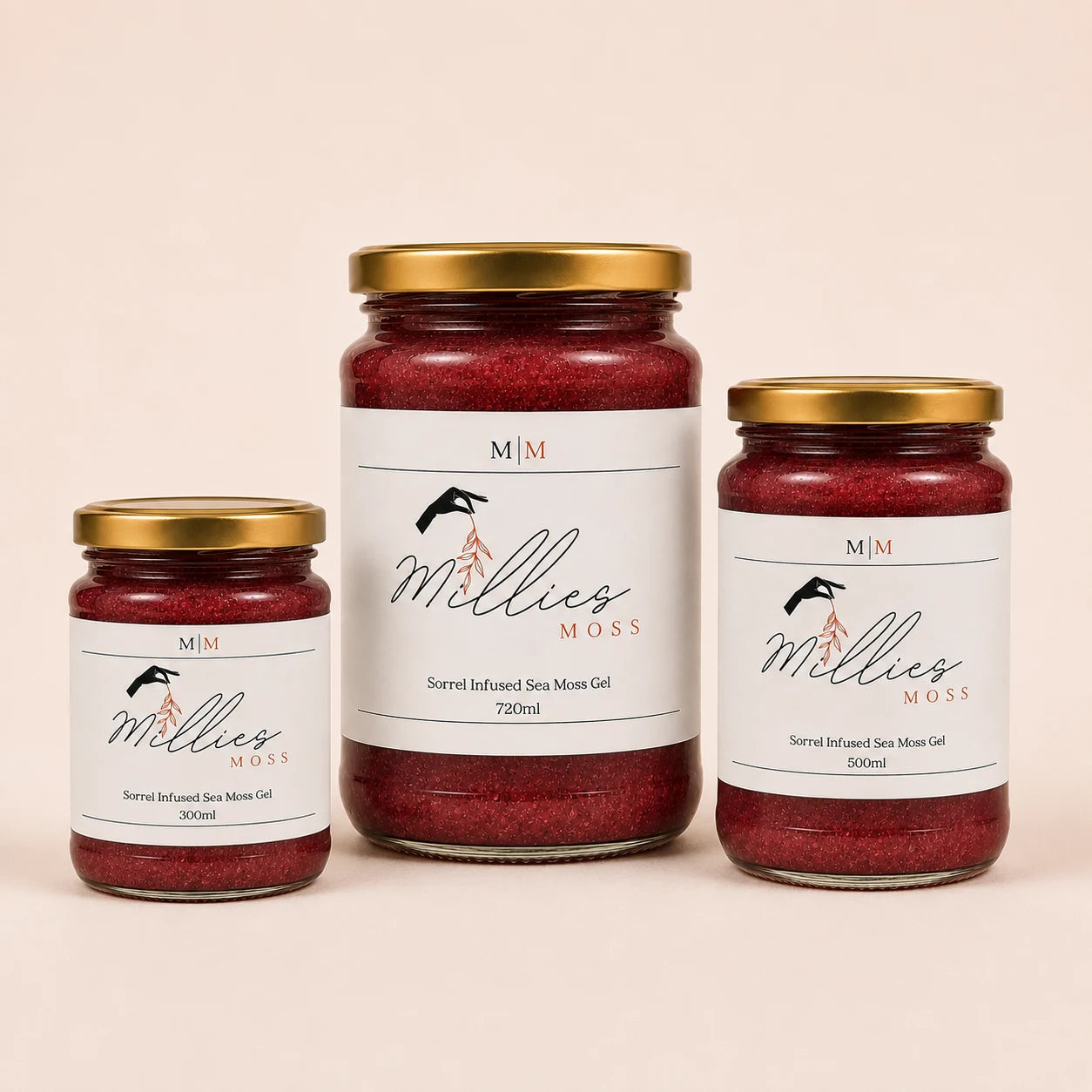 Millie’s Moss Sorrel Infused Sea Moss Gel in 300ml, 500ml and 720ml jar sizes.