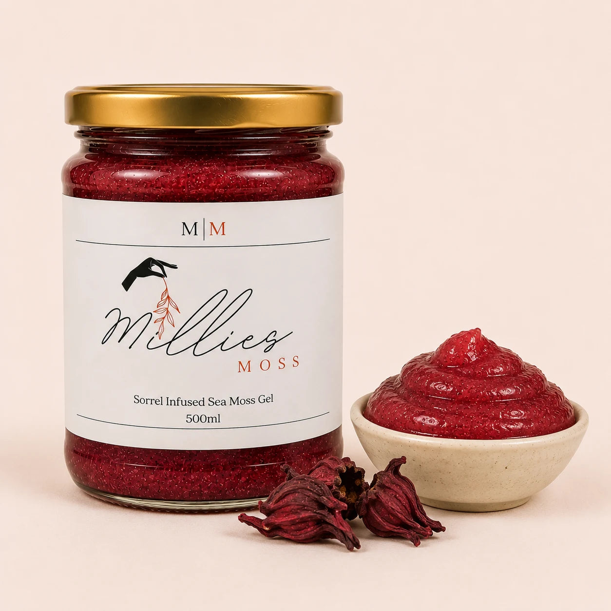 Close-up of Millie’s Moss Sorrel Infused Sea Moss Gel showing its smooth gel texture with sorrel detail.