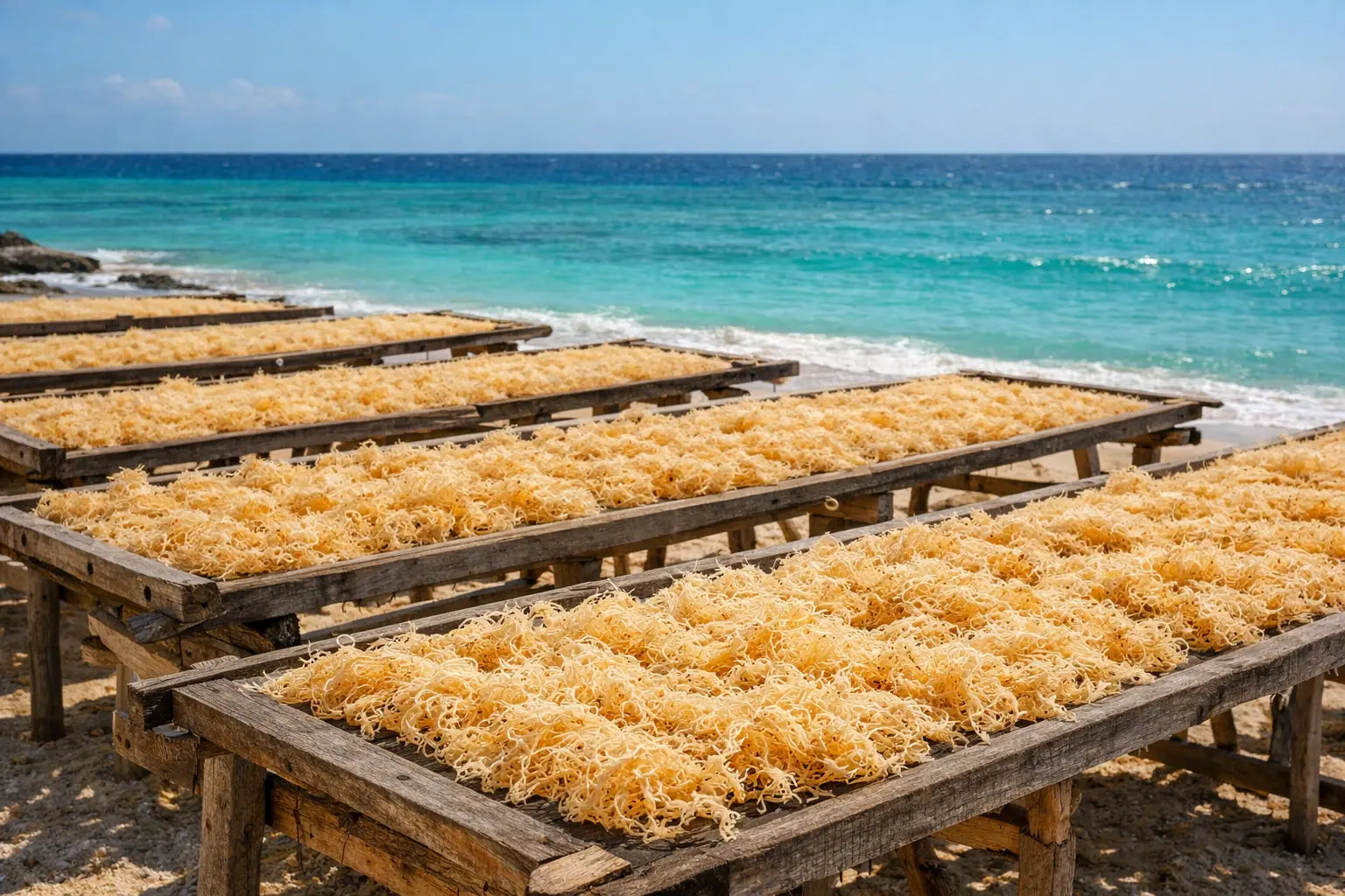 Golden sea moss drying on wooden racks by the Caribbean ocean after harvest
