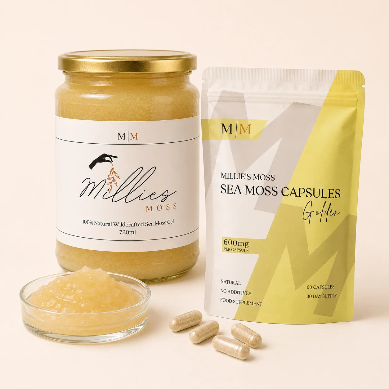 Millie’s Ultimate Sea Moss Bundle with Golden Sea Moss Gel in a glass dish and a few Golden Sea Moss Capsules beside the pouch