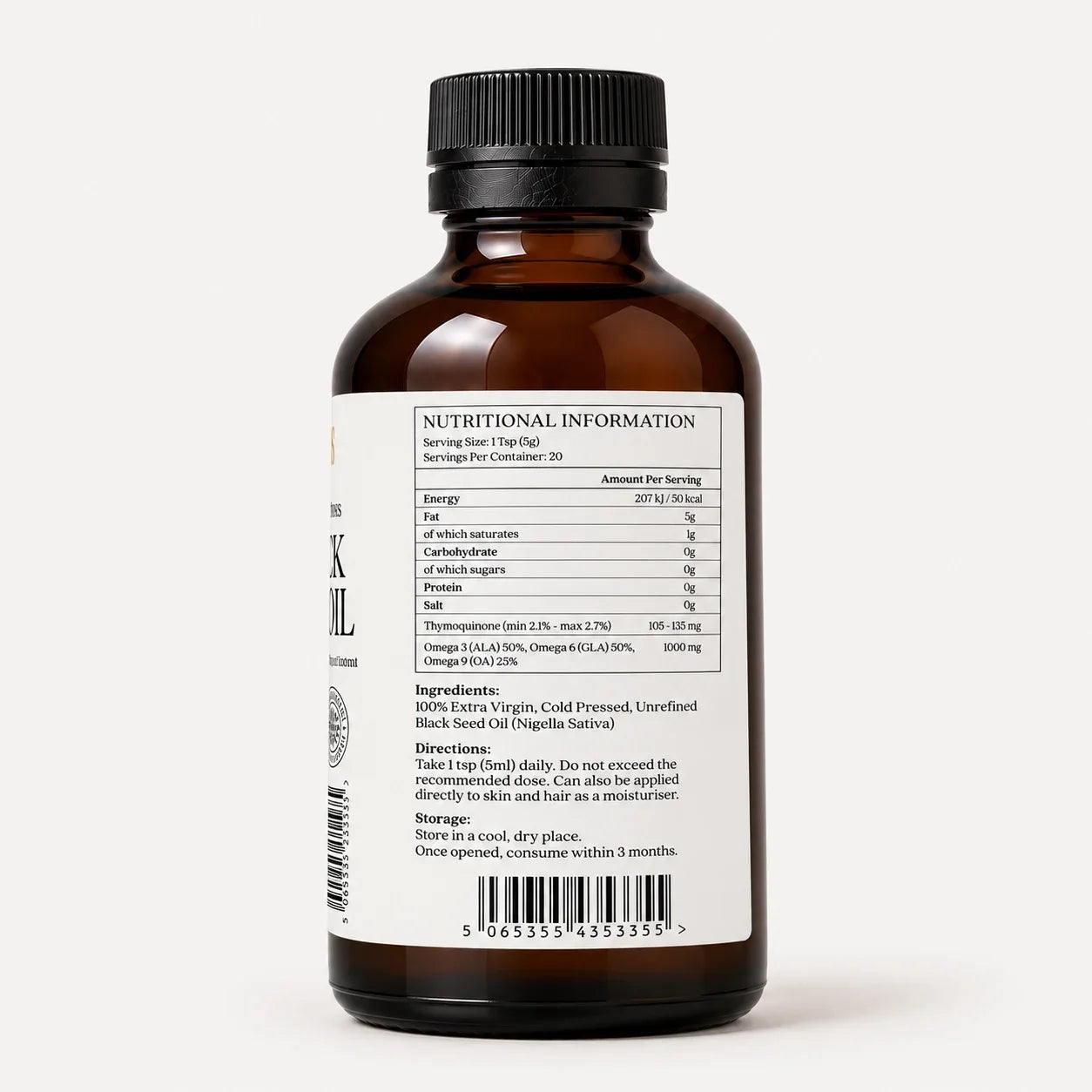 Back view of Millie's Moss High Strength Black Seed Oil 100ml bottle showing nutritional information, ingredients and directions.