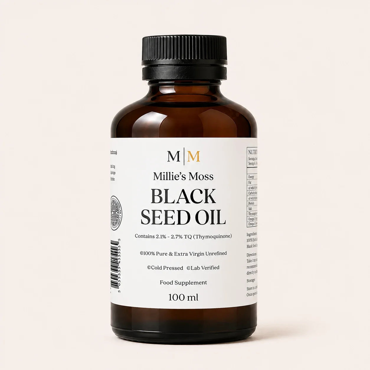 Front view of Millie's Moss High Strength Black Seed Oil 100ml bottle on an off-white background.