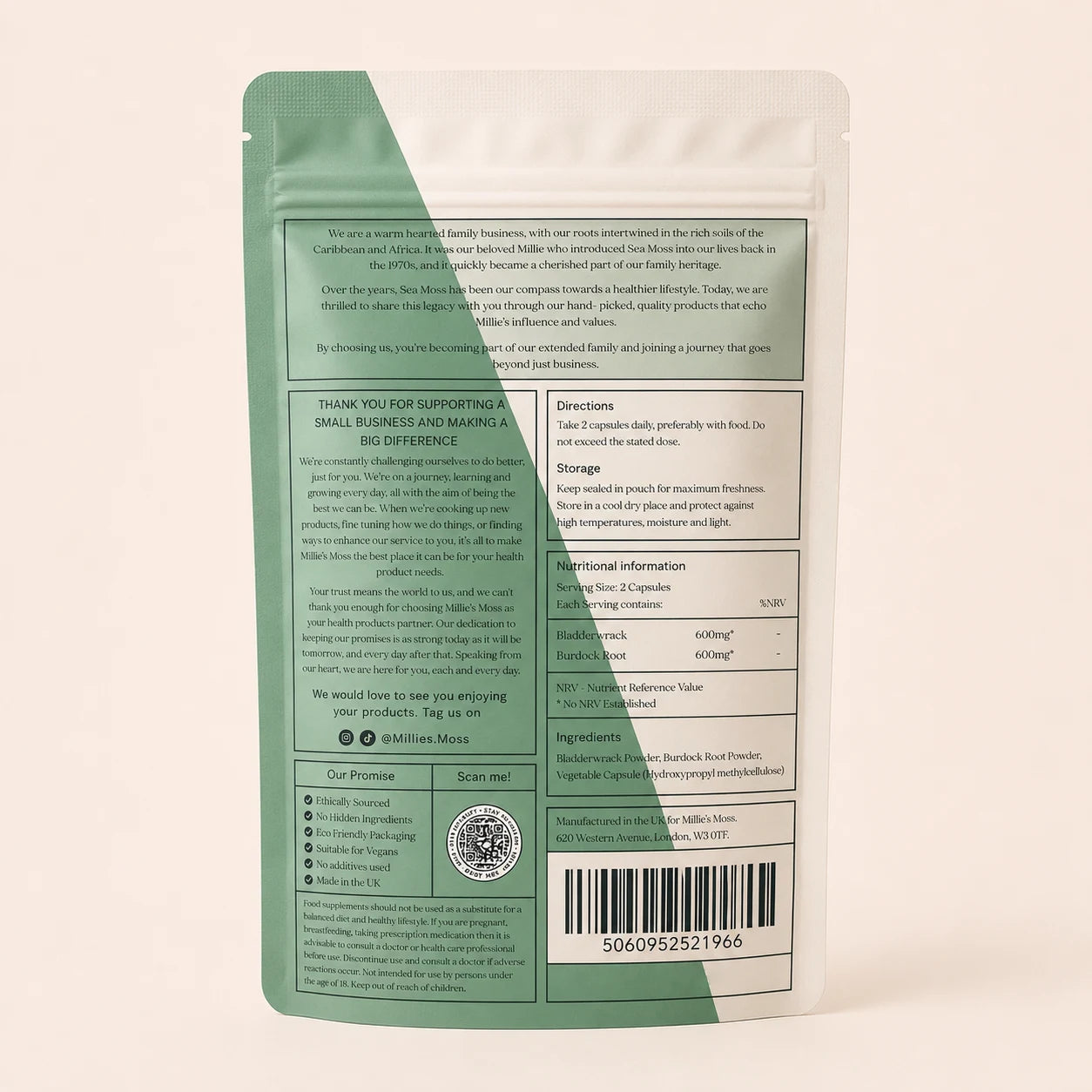 Back pack shot of Millie’s Moss Bladderwrack & Burdock Root Capsules showing the supplement information label.