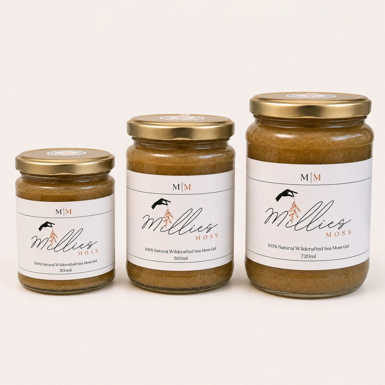 Millie's Moss Bladderwrack Infused Sea Moss Gel bundle with 300ml, 500ml and 720ml jars