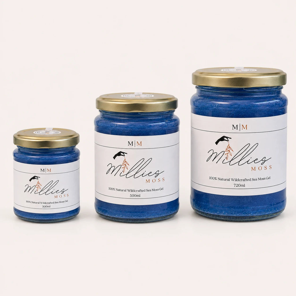 Millie's Moss Blue Spirulina Infused Sea Moss Gel bundle with 300ml, 500ml and 720ml jars