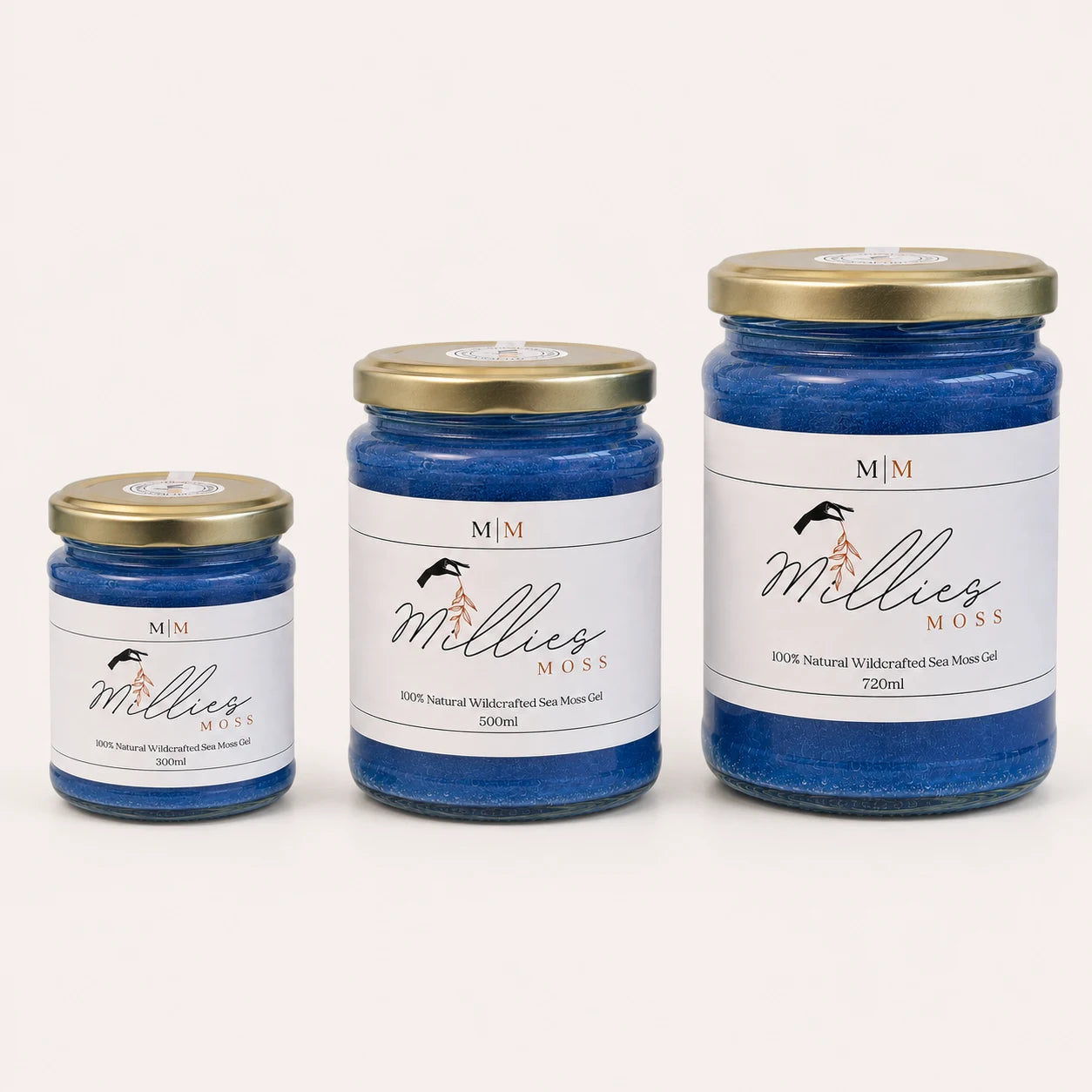 Millie's Moss Blue Spirulina Infused Sea Moss Gel bundle with 300ml, 500ml and 720ml jars