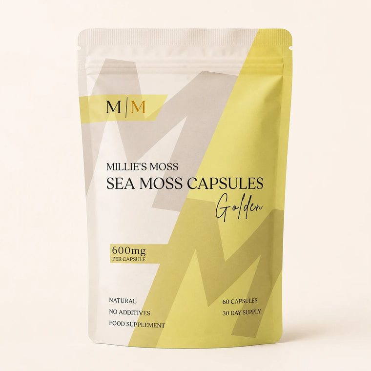 Millie’s Moss Golden Sea Moss Capsules pouch front showing 600mg per capsule, 60 capsules and 30 day supply.