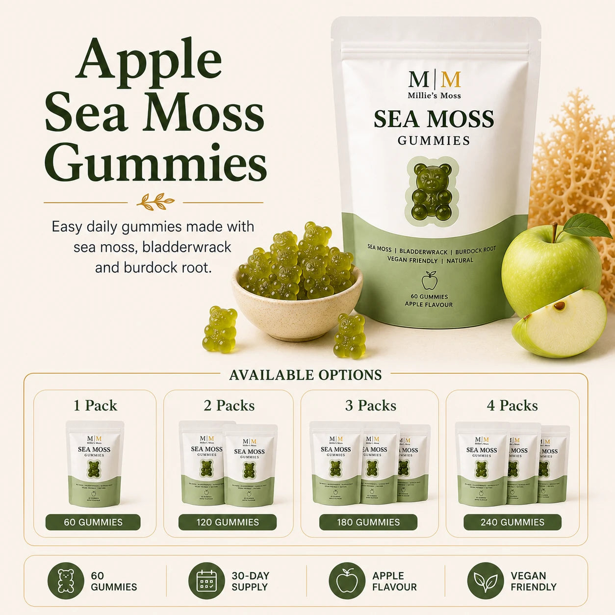 Millie’s Moss Apple Sea Moss Gummies infographic showing the pouch, apple flavour ingredients, available pack options and key product icons.