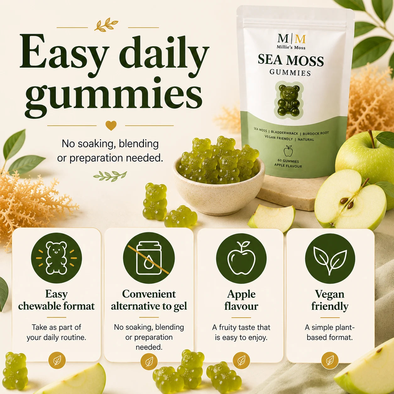 Millie’s Moss Apple Sea Moss Gummies infographic highlighting an easy chewable format, apple flavour and vegan friendly daily routine.