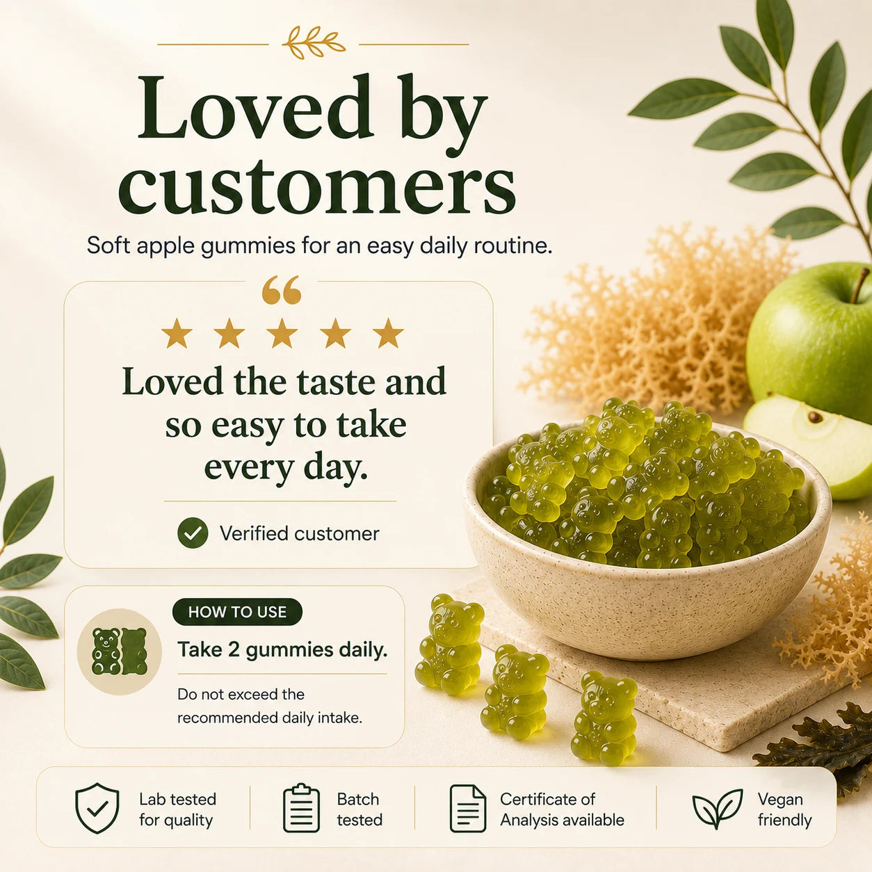 Millie’s Moss Apple Sea Moss Gummies testimonial infographic with green gummies, daily serving guidance and trust icons.