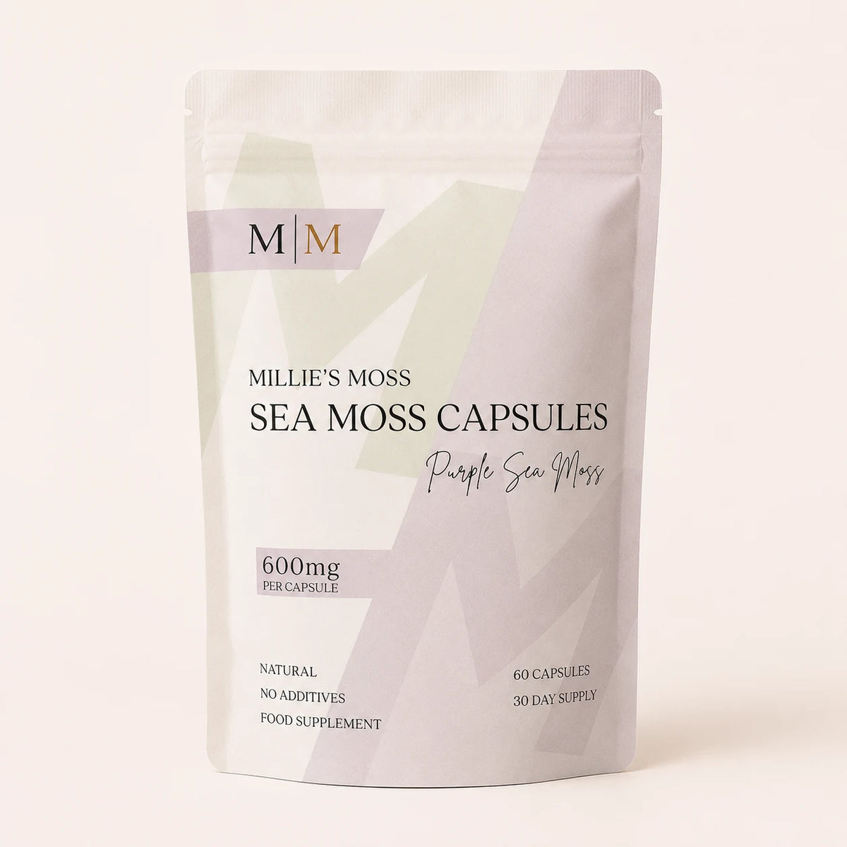 Millie’s Moss Purple Sea Moss Capsules pouch front showing 600mg per capsule, 60 capsules and 30 day supply.