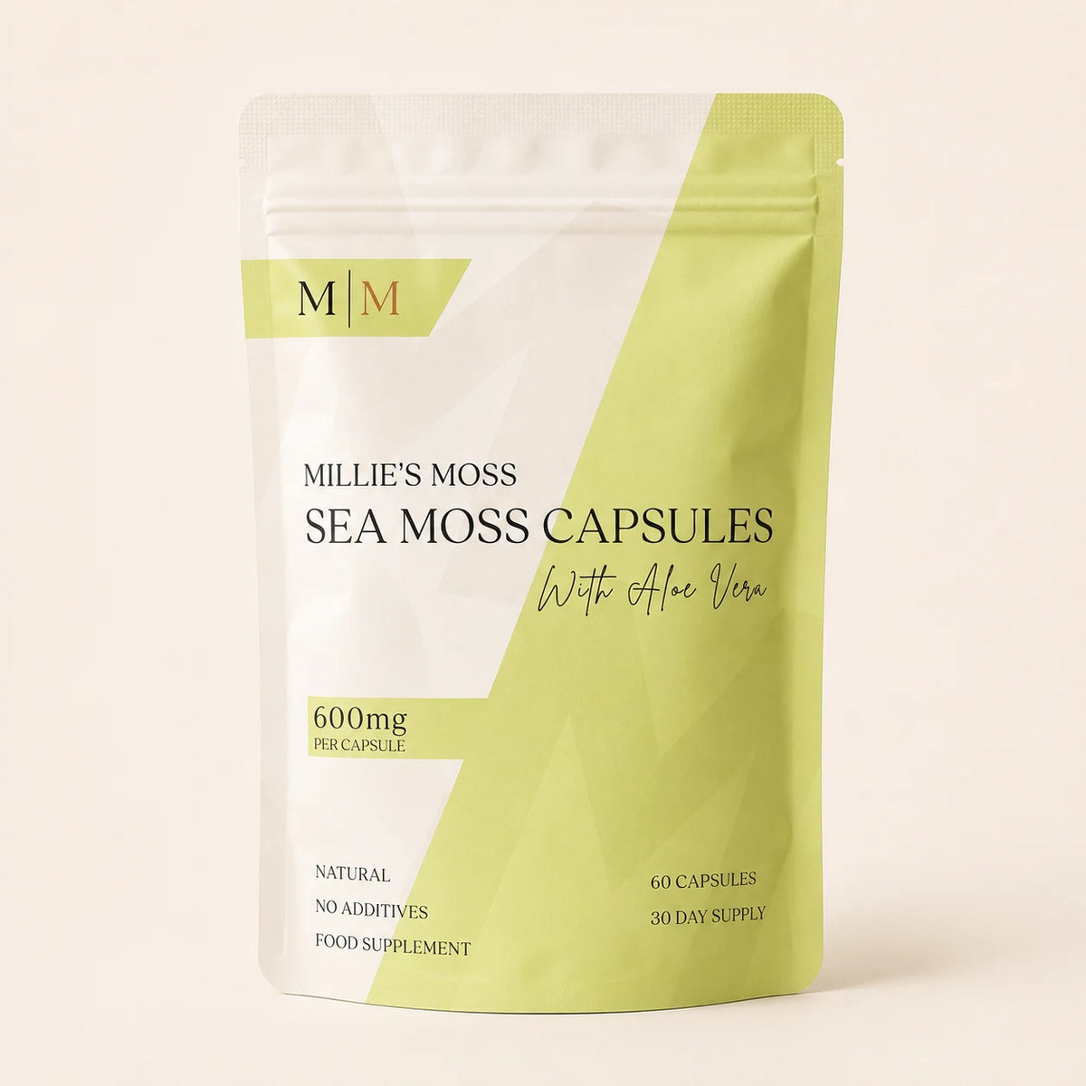 Millie’s Moss Sea Moss with Aloe Vera Capsules pouch front showing 600mg per capsule, 60 capsules and 30 day supply.