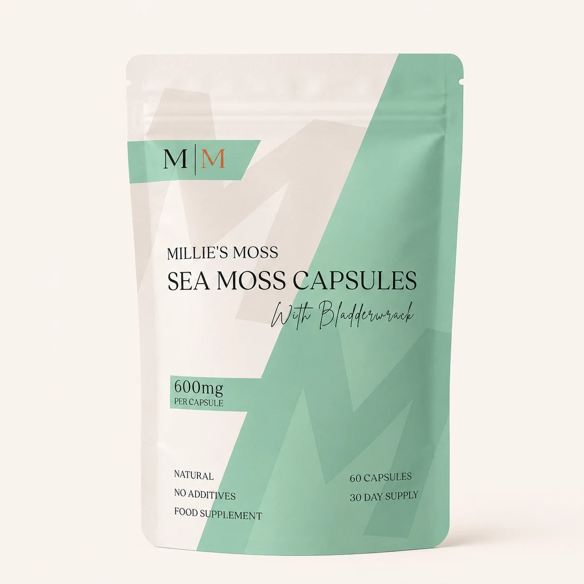 Front pack shot of Millie's Moss Sea Moss with Bladderwrack Capsules food supplement pouch