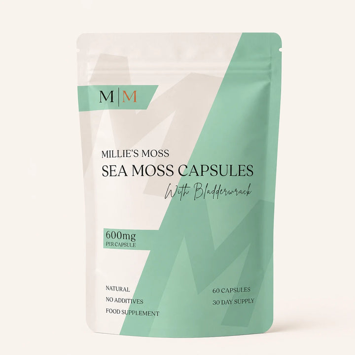 Front pack shot of Millie's Moss Sea Moss with Bladderwrack Capsules food supplement pouch