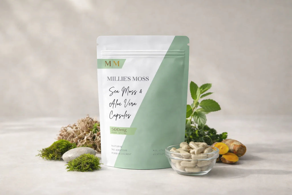 Millie’s Moss sea moss and aloe vera capsules displayed with natural herbal ingredients.