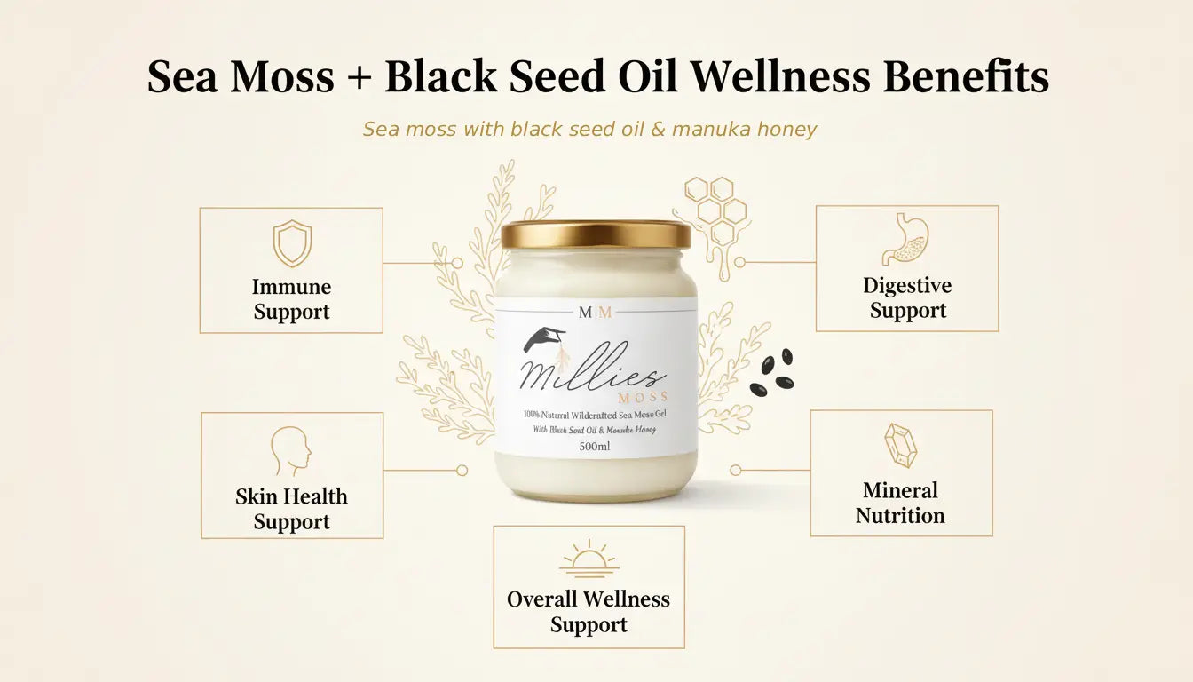 Sea moss gel with black seed oil wellness benefits infographic showing immune support digestive support skin health mineral nutrition and overall wellness