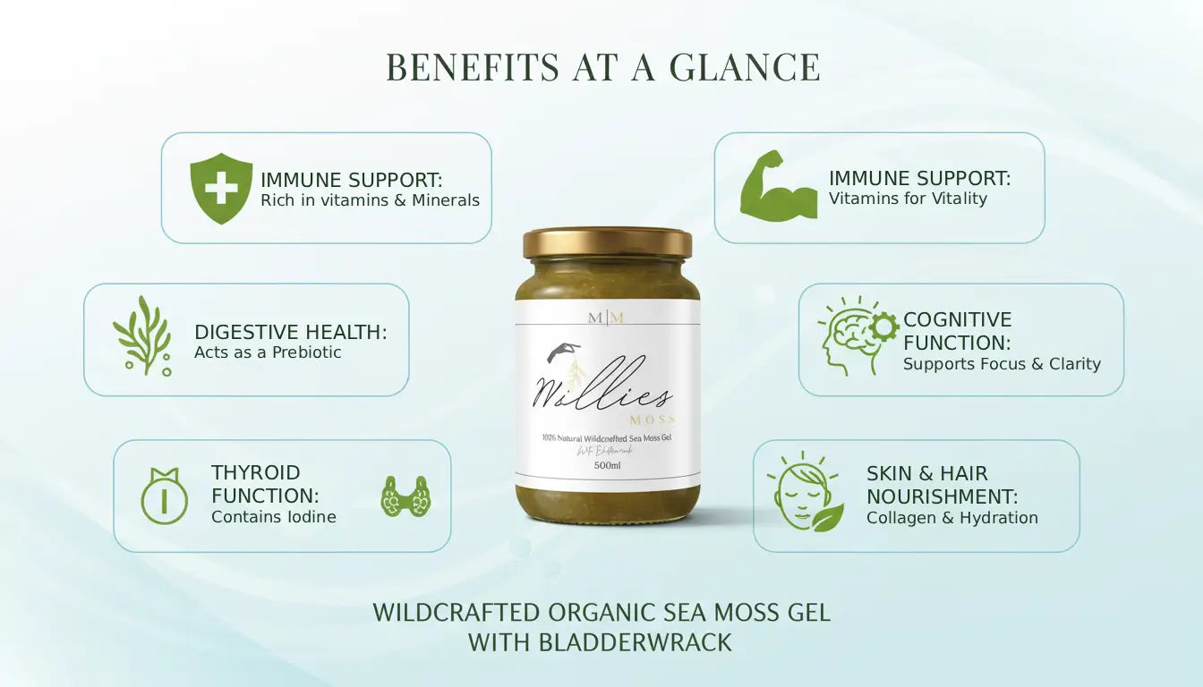 Sea moss gel with bladderwrack benefits infographic highlighting immune support digestive health thyroid function cognitive function and skin nourishment