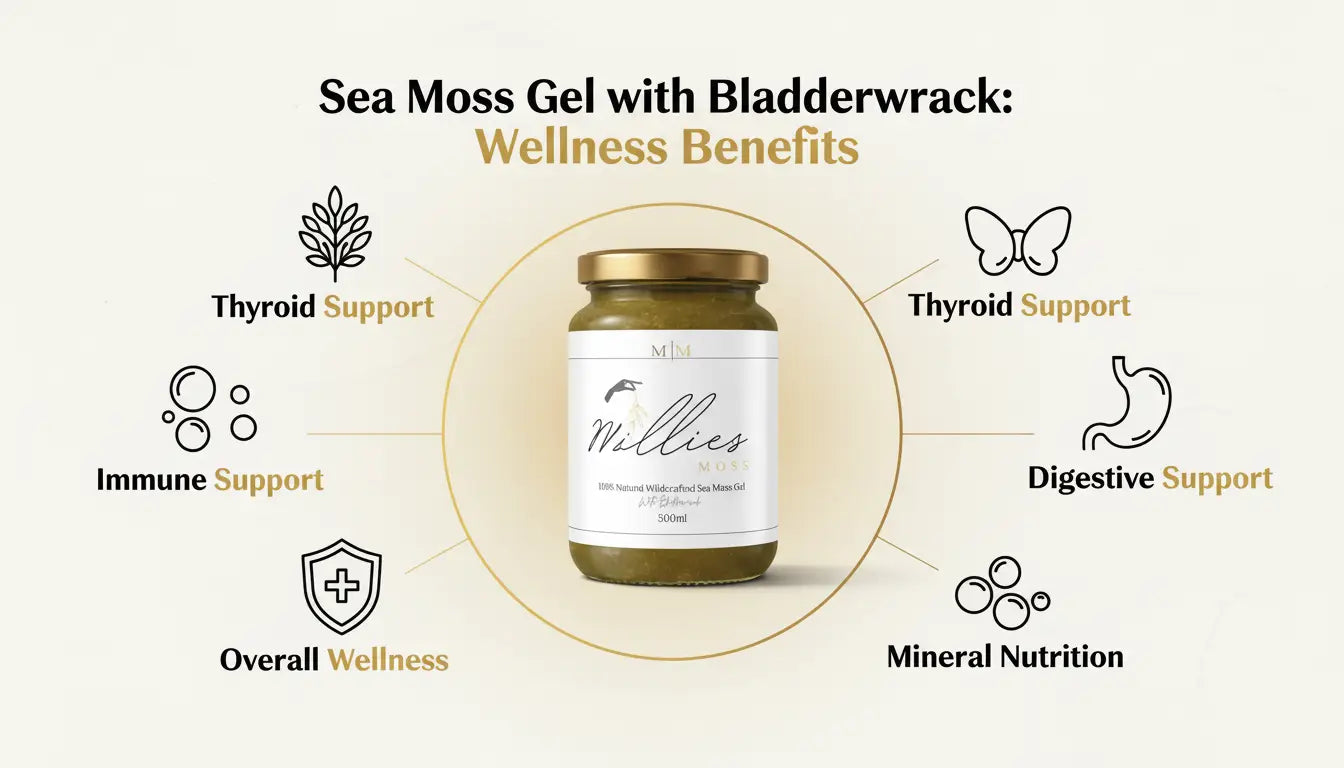 Sea moss gel with bladderwrack wellness benefits showing thyroid support immune support digestive support mineral nutrition and overall wellness