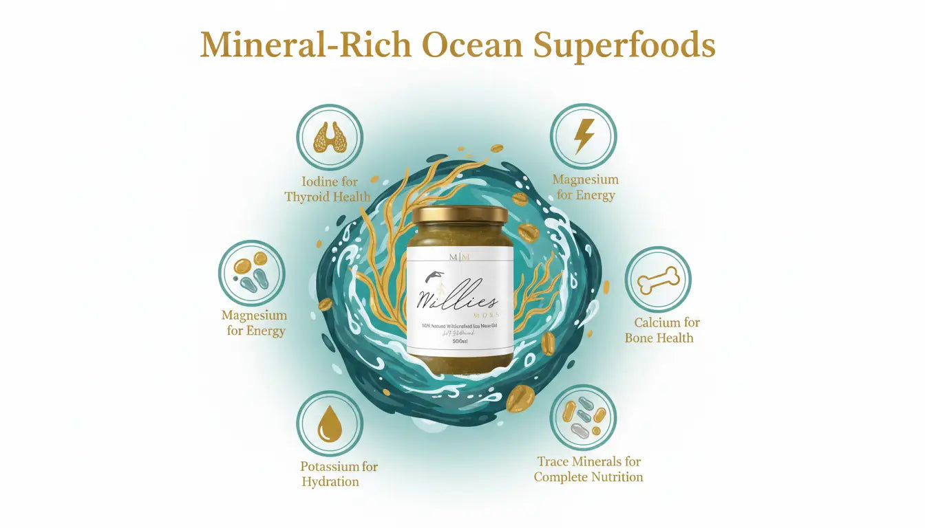 Sea moss mineral rich ocean superfood infographic showing iodine magnesium potassium calcium and trace mineral nutrition
