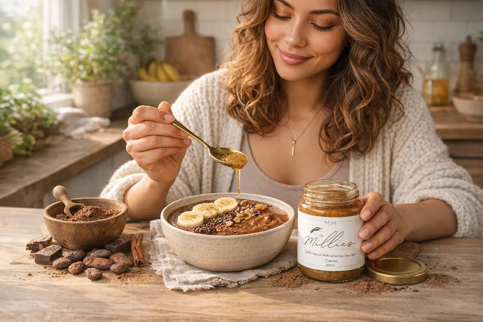 Woman adding sea moss gel to cacao breakfast bowl with banana cacao nibs and superfoods using Millies Moss sea moss gel