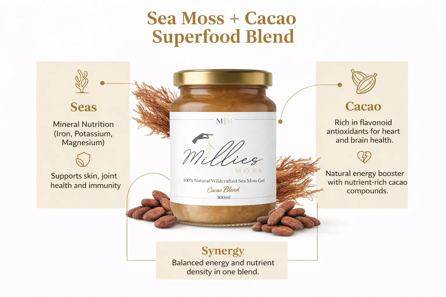Infographic showing Millie's Moss sea moss and cacao superfood blend with benefits including mineral nutrition from sea moss, antioxidants and natural energy from cacao, and balanced nutrient synergy.