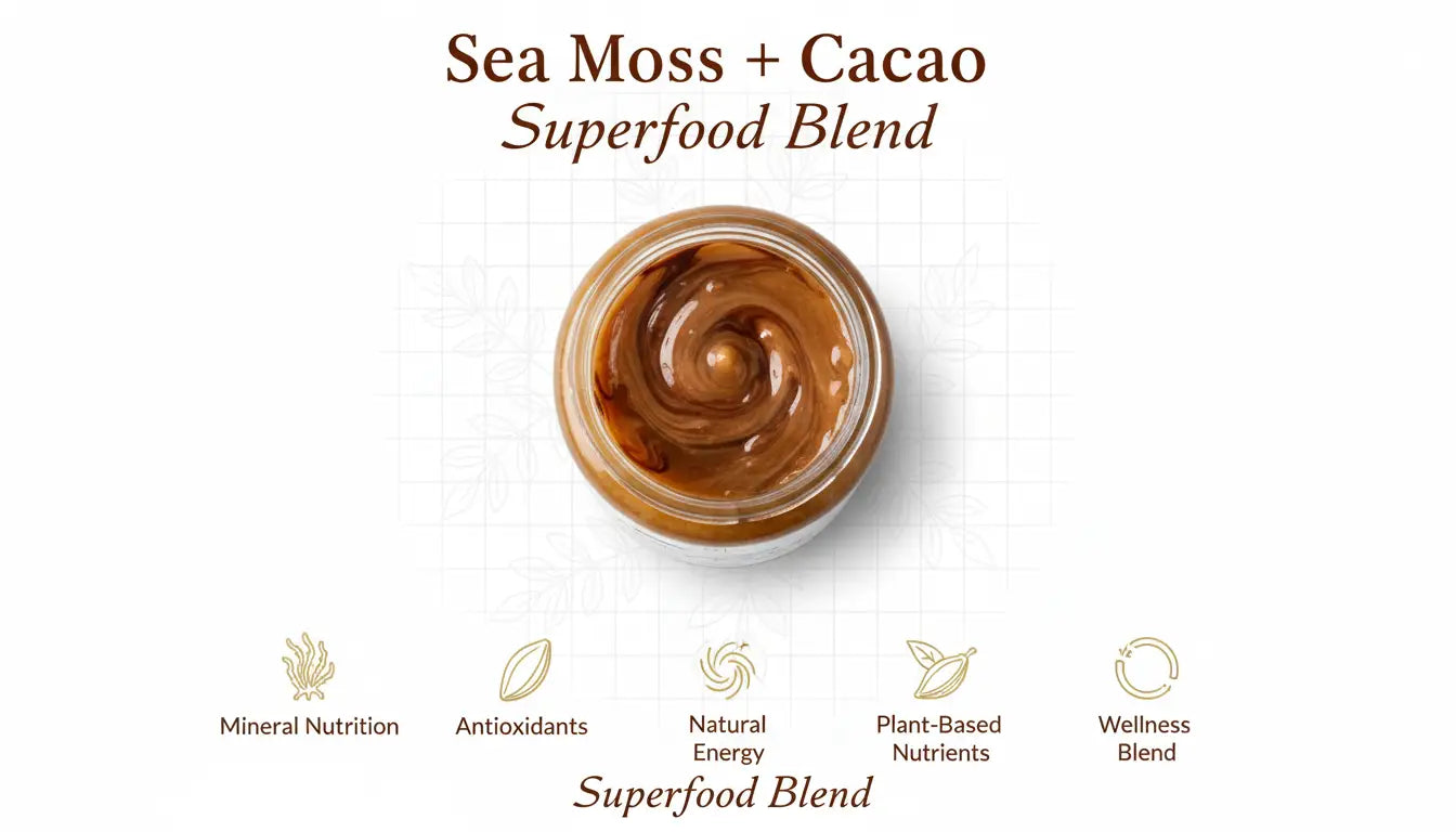 Top view of sea moss cacao superfood blend showing plant based nutrients antioxidants mineral nutrition and natural energy