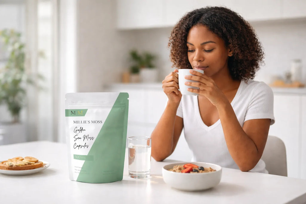 Woman enjoying tea during a morning wellness routine with Millie’s Moss sea moss capsules on the table.