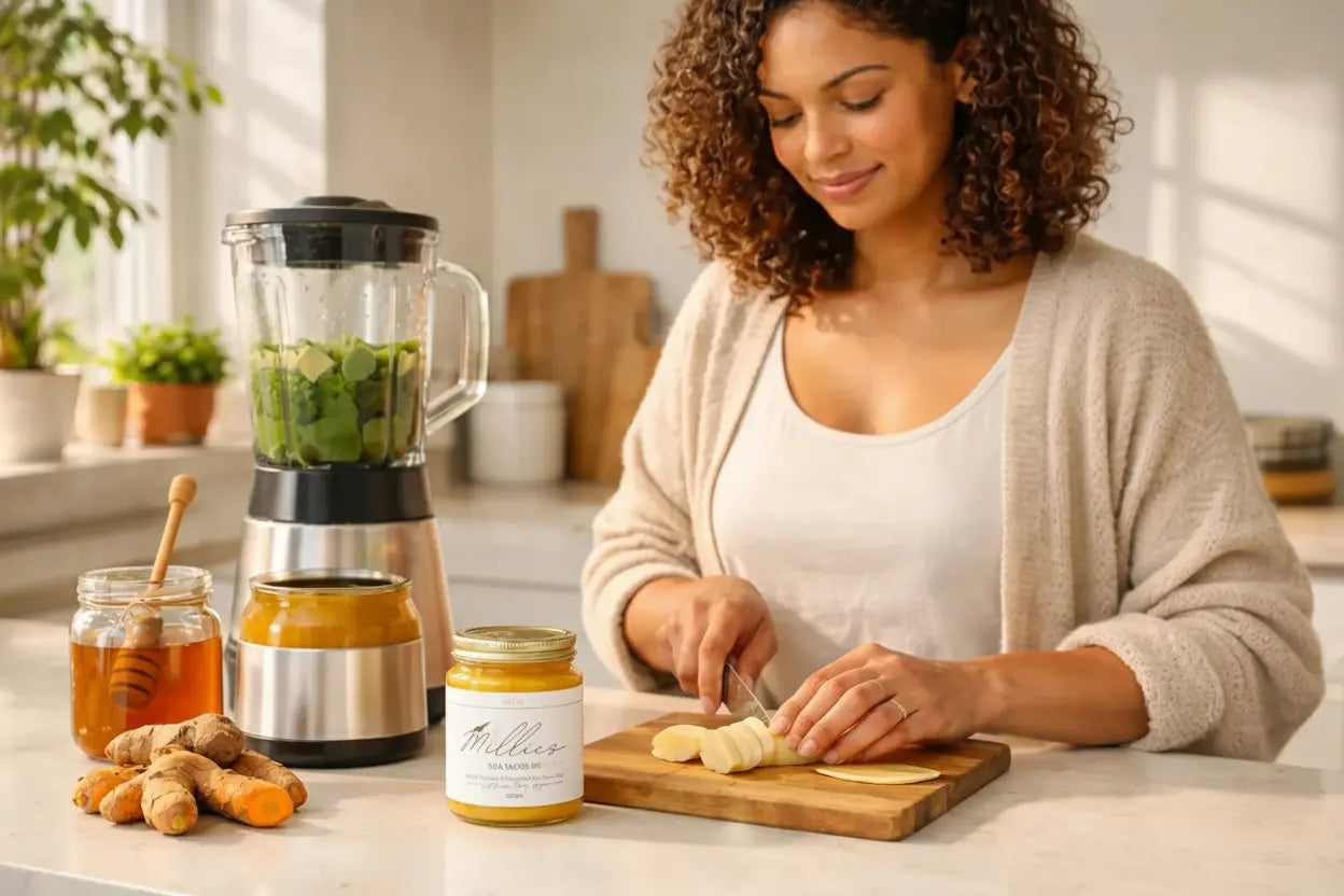 Woman preparing a green smoothie with sea moss gel, banana and fresh ingredients in a bright kitchen