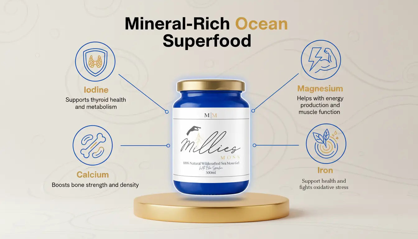 Sea moss gel mineral infographic highlighting iodine, magnesium, calcium and iron