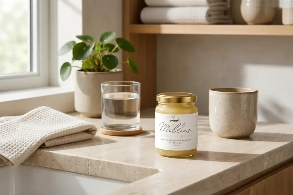 Sea moss gel with Manuka honey shown alongside raw dried sea moss, lime, and natural honey ingredients