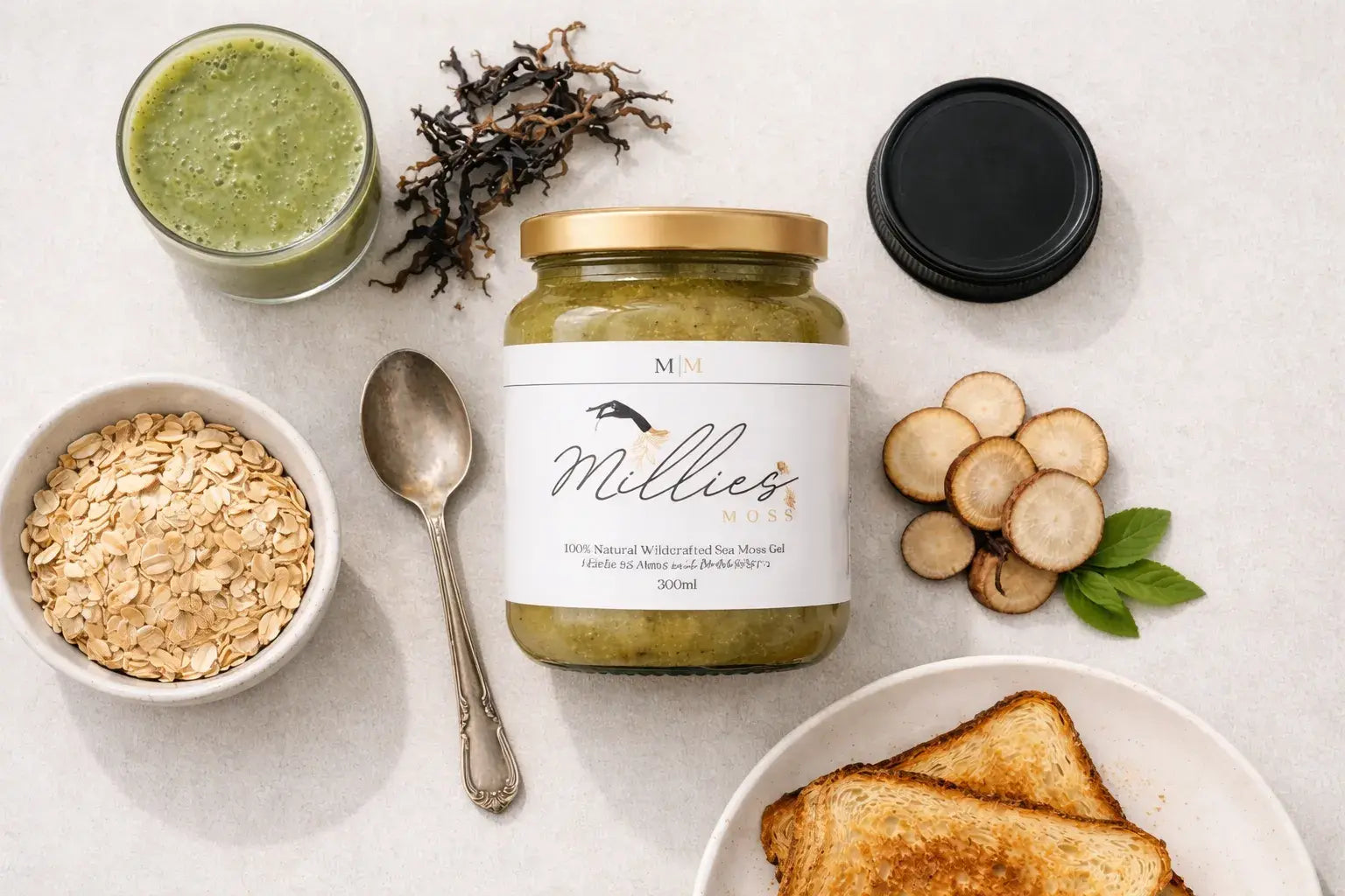 Sea moss gel jar with oats, toast and herbal ingredients for a nutritious breakfast