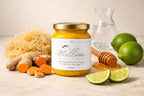 Sea moss gel jar with turmeric, ginger, lime and honey showing natural superfood ingredients